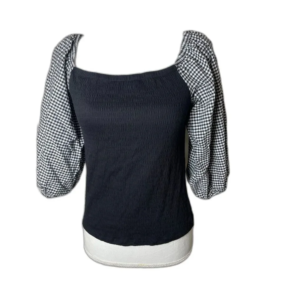 Who Wear What When Where Size S Black Top Gingham Puff Sleeve Anthropologie NWT